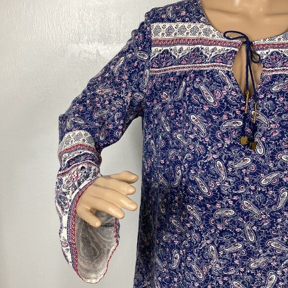 Billabong Boho Paisley Print Long Sleeve Tie Neck Tunic Top - Picture 2 of 9